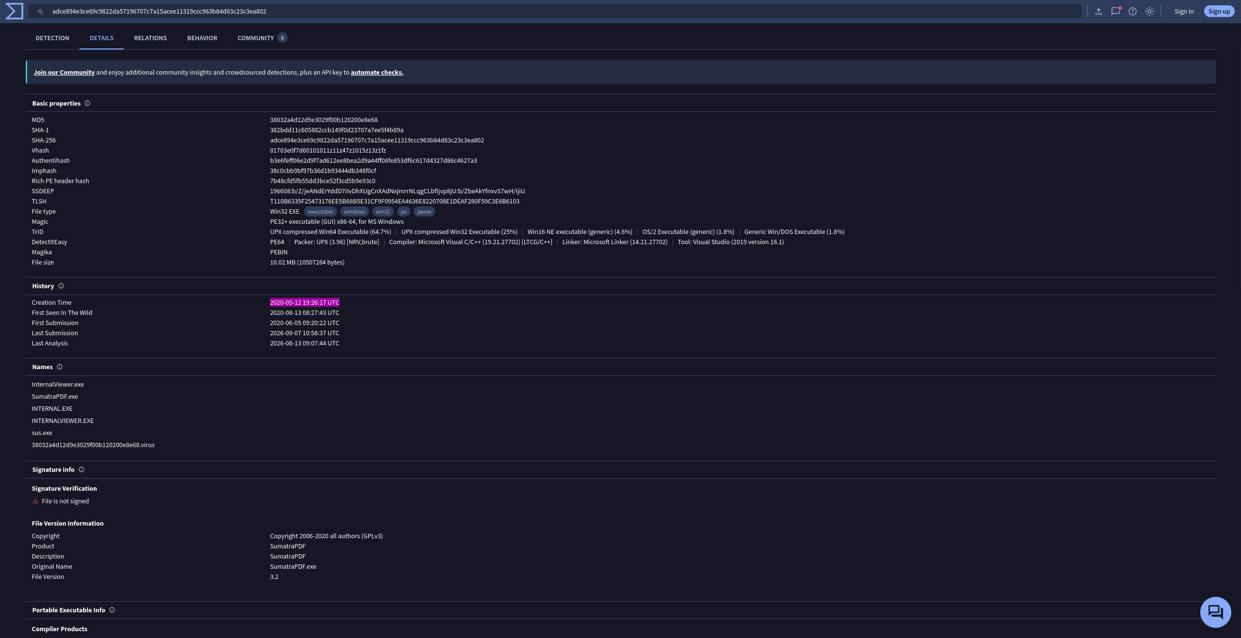 VirusTotal details for second IOC hash